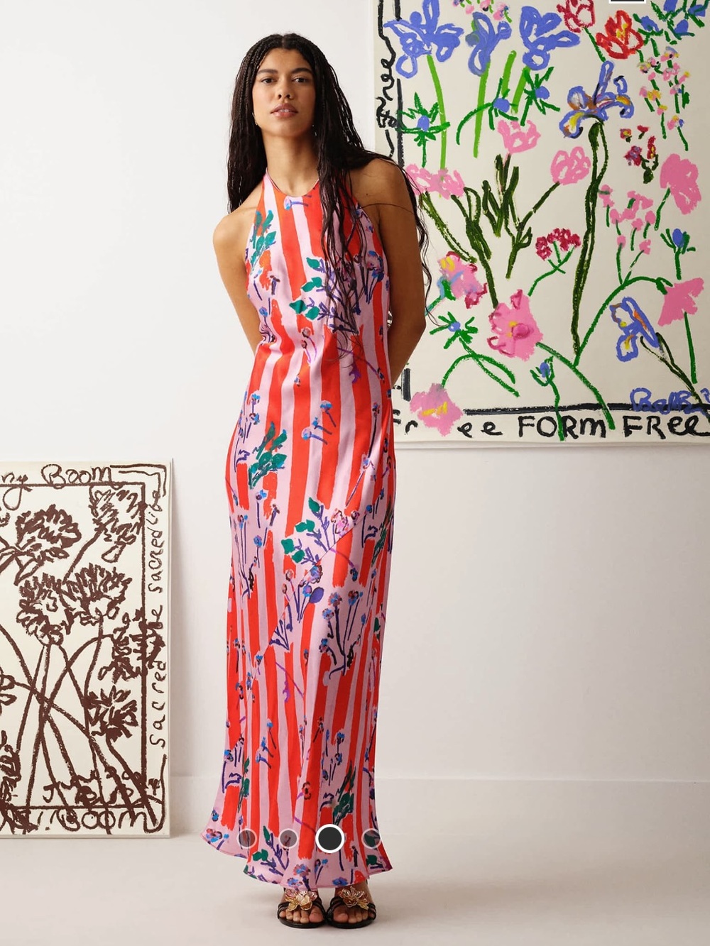 Topshop Pink and Red Floral-Striped Satin Maxi Skirt